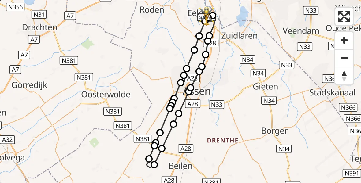 Vluchtroute Traumahelikopter Groningen Airport Eelde - Groningen Airport Eelde, 21 oktober 2026, 23:29