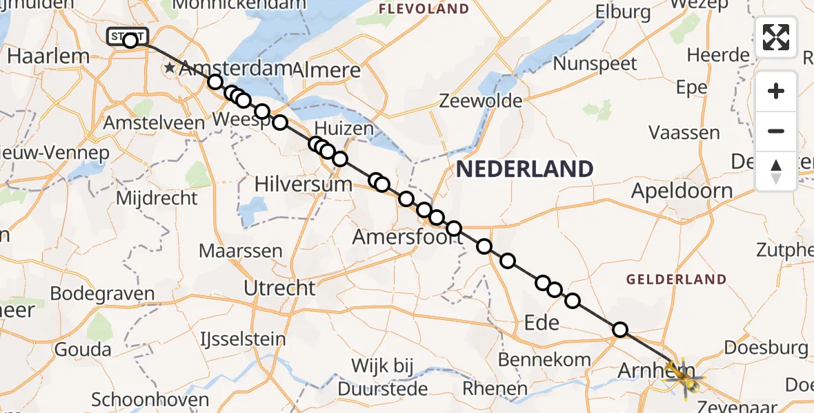 Vluchtroute Traumahelikopter Amsterdam Heliport - Arnhem, 22 oktober 2026, 02:44