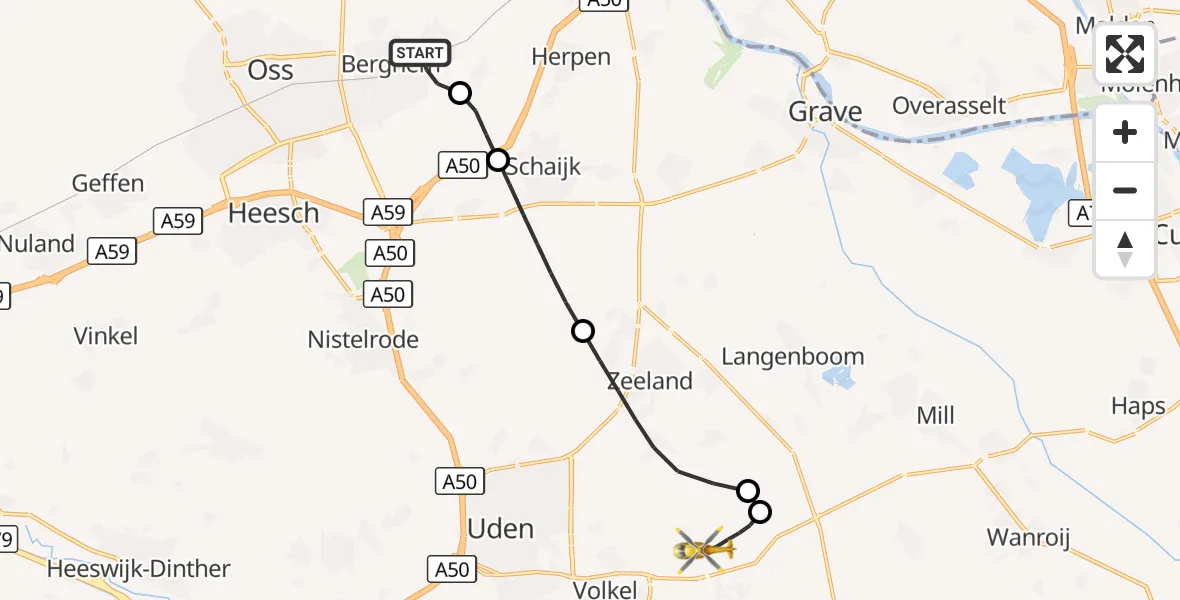 Vluchtroute Traumahelikopter Berghem - Vliegbasis Volkel, 22 oktober 2026, 03:08