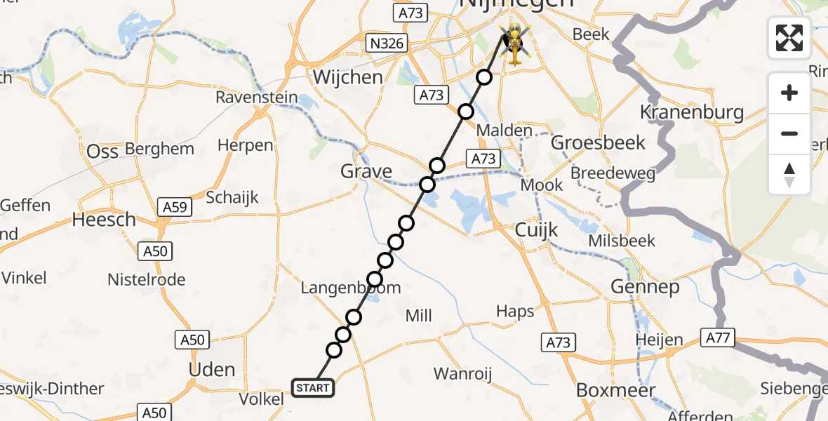 Vluchtroute Traumahelikopter Vliegbasis Volkel - Radboud University Medical Center Heliport, 22 oktober 2026, 09:49