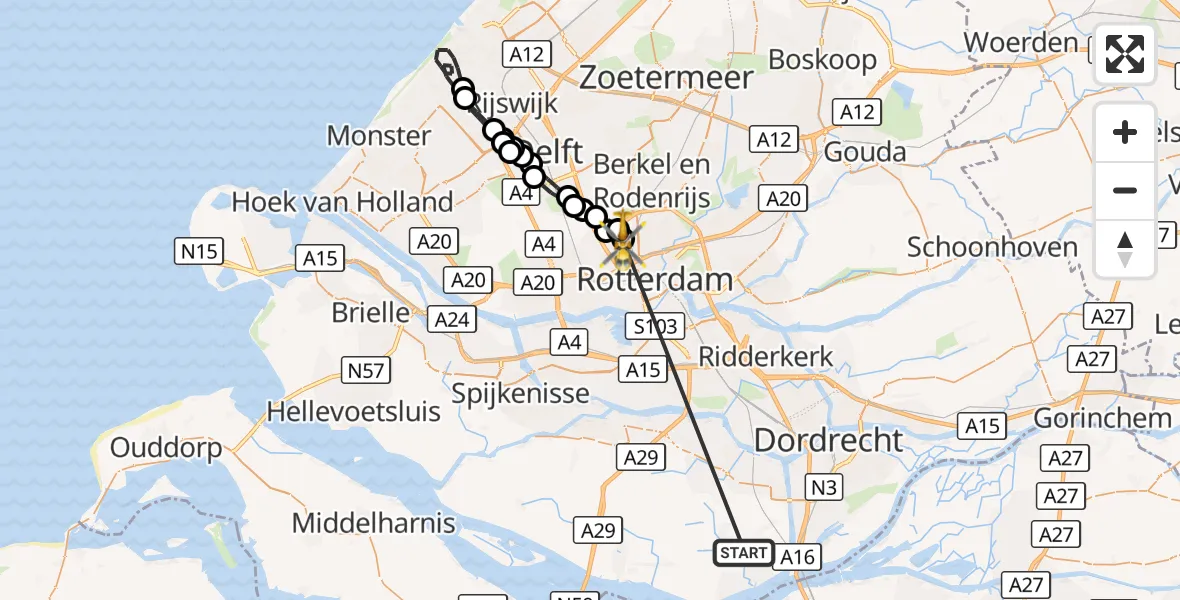 Vluchtroute Traumahelikopter Strijen - Rotterdam The Hague Airport, 22 oktober 2026, 11:02