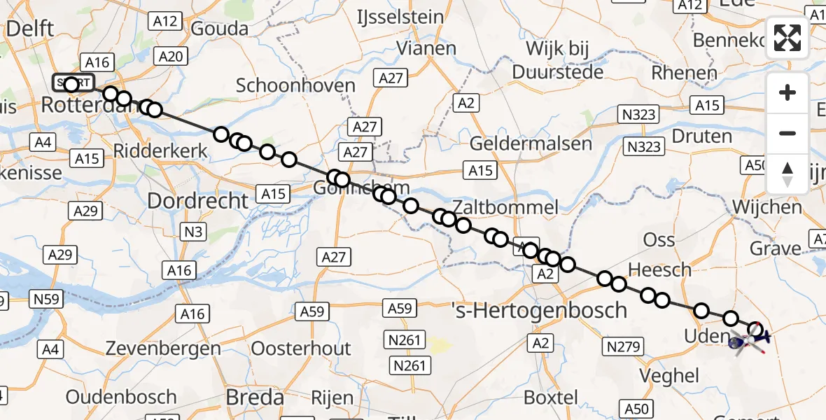 Vluchtroute Politiehelikopter Rotterdam The Hague Airport - Vliegbasis Volkel, 22 oktober 2026, 12:39