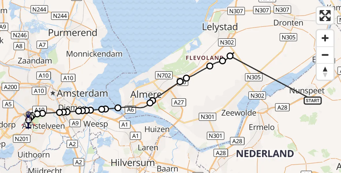 Vluchtroute Politiehelikopter Nunspeet - Amsterdam Vliegveld Schiphol, 22 oktober 2026, 19:20