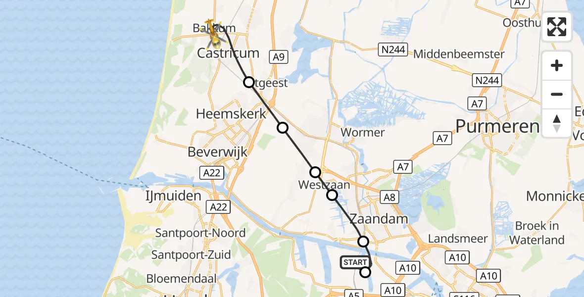 Vluchtroute Traumahelikopter Amsterdam Heliport - Castricum, 22 oktober 2026, 20:04