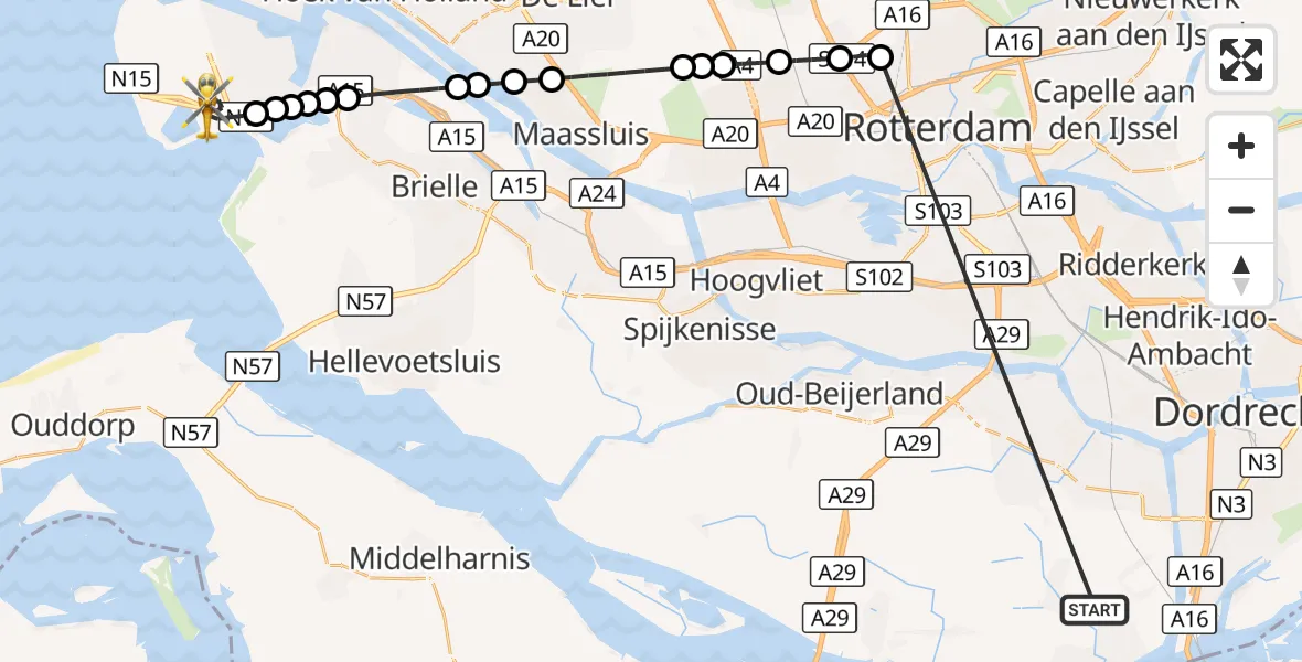 Vluchtroute Traumahelikopter Strijen - Maasvlakte Rotterdam, 22 oktober 2026, 20:21