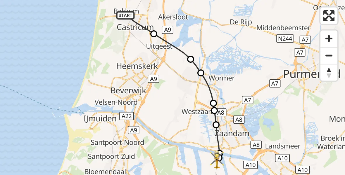 Vluchtroute Traumahelikopter Castricum - Amsterdam Heliport, 22 oktober 2026, 20:28