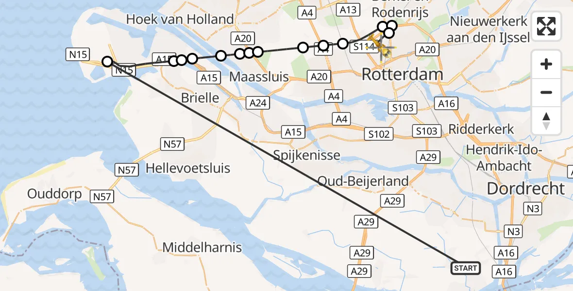 Vluchtroute Traumahelikopter Strijen - Rotterdam The Hague Airport, 22 oktober 2026, 21:04