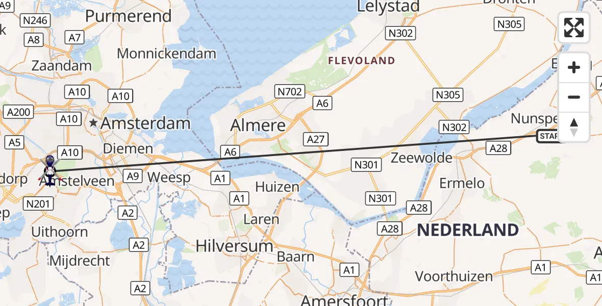 Vluchtroute Politiehelikopter Nunspeet - Amsterdam Vliegveld Schiphol, 23 oktober 2026, 08:50