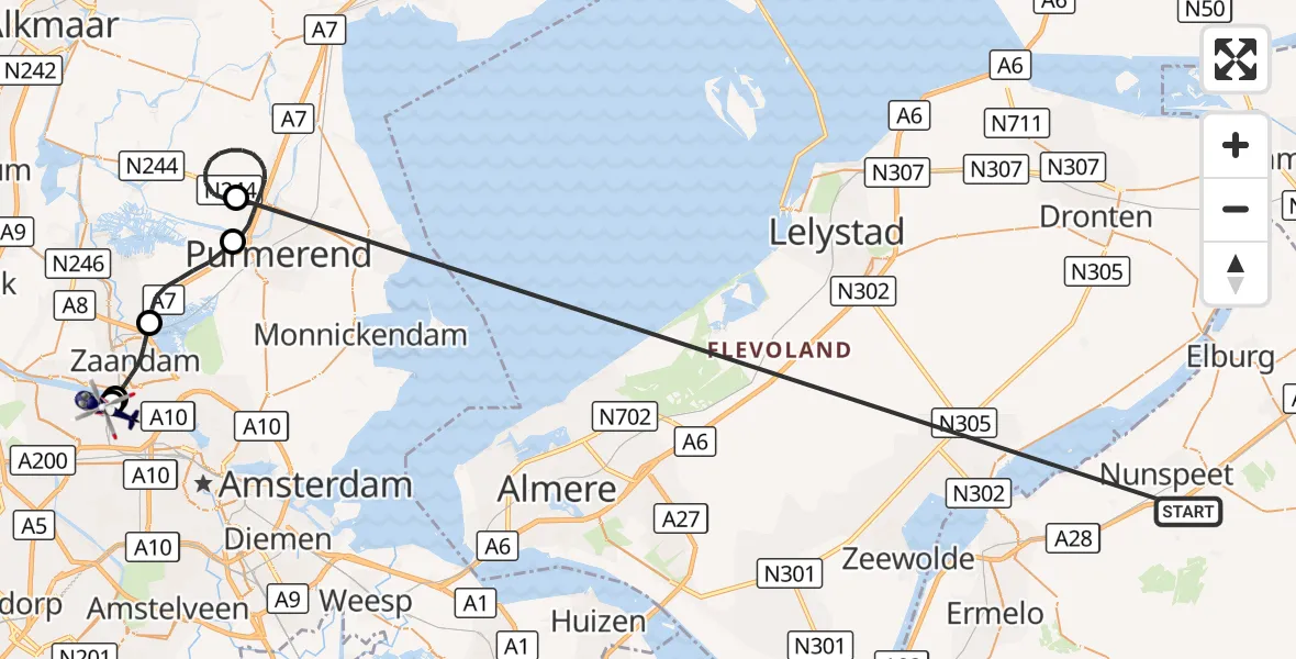 Vluchtroute Politiehelikopter Nunspeet - Amsterdam Heliport, 23 oktober 2026, 09:59