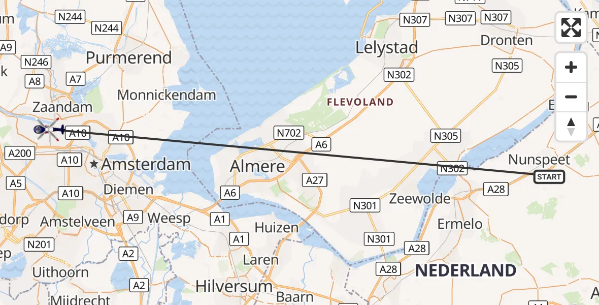 Vluchtroute Politiehelikopter Nunspeet - Amsterdam Heliport, 23 oktober 2026, 10:09
