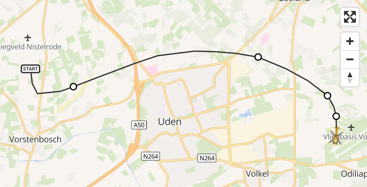 Vluchtroute Traumahelikopter Vorstenbosch - Vliegbasis Volkel, 23 oktober 2026, 12:05