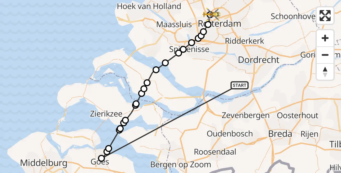 Vluchtroute Traumahelikopter Strijen - Rotterdam The Hague Airport, 23 oktober 2026, 12:59