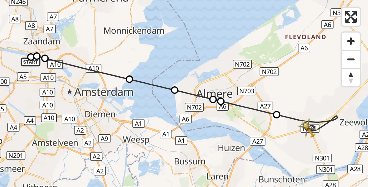 Vluchtroute Traumahelikopter Amsterdam Heliport - Zeewolde, 24 oktober 2026, 03:09