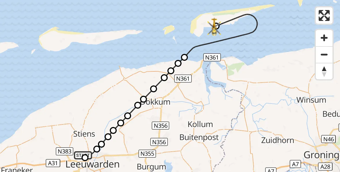 Vluchtroute Ambulancehelikopter Vliegbasis Leeuwarden - Schiermonnikoog Heliport, 24 oktober 2026, 03:46