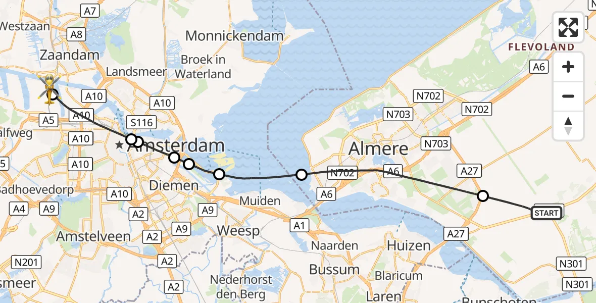 Vluchtroute Traumahelikopter Zeewolde - Amsterdam Heliport, 24 oktober 2026, 03:54