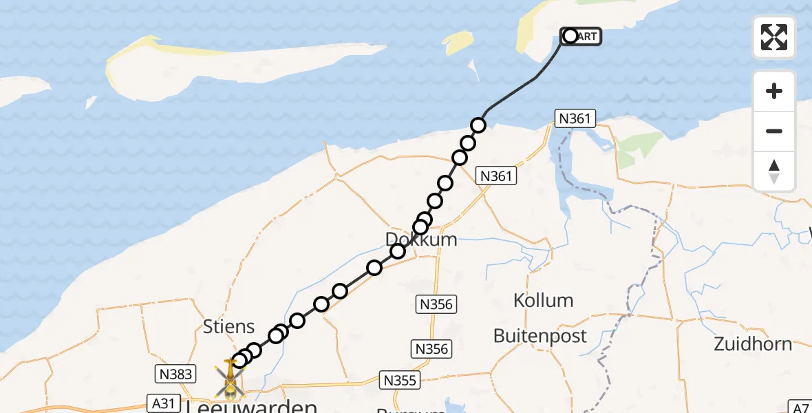 Vluchtroute Ambulancehelikopter Schiermonnikoog Heliport - Vliegbasis Leeuwarden, 24 oktober 2026, 04:27