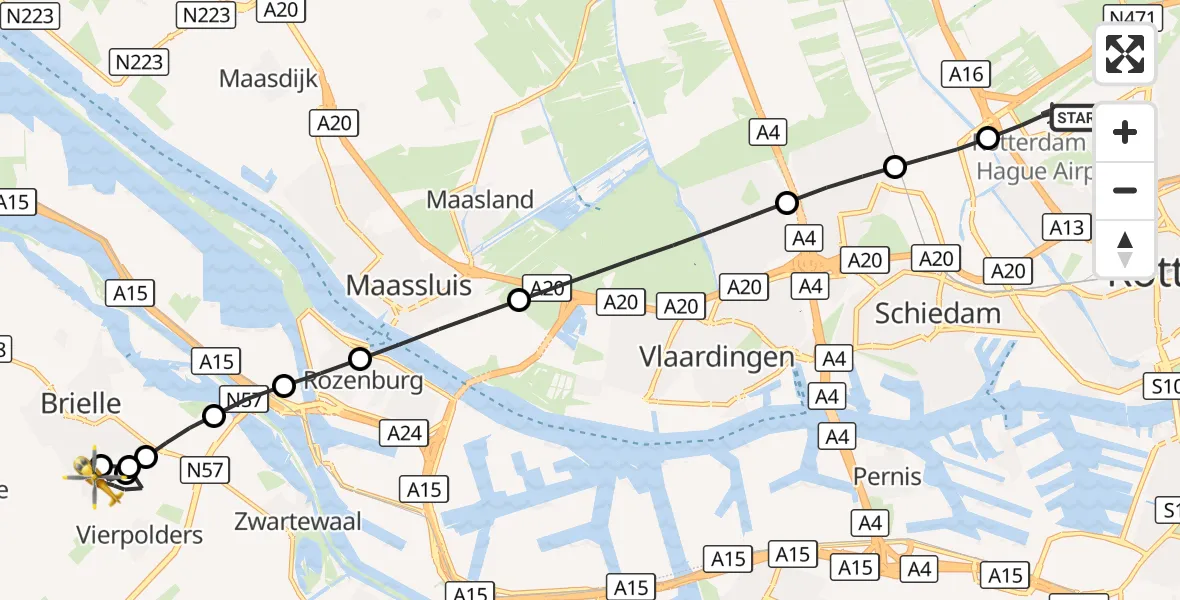 Vluchtroute Traumahelikopter Rotterdam The Hague Airport - Vierpolders, 24 oktober 2026, 04:51