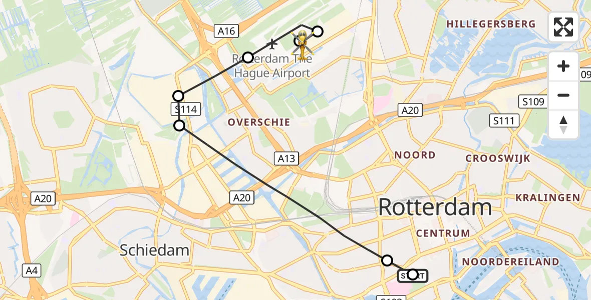 Vluchtroute Traumahelikopter Erasmus MC - Rotterdam The Hague Airport, 24 oktober 2026, 05:57