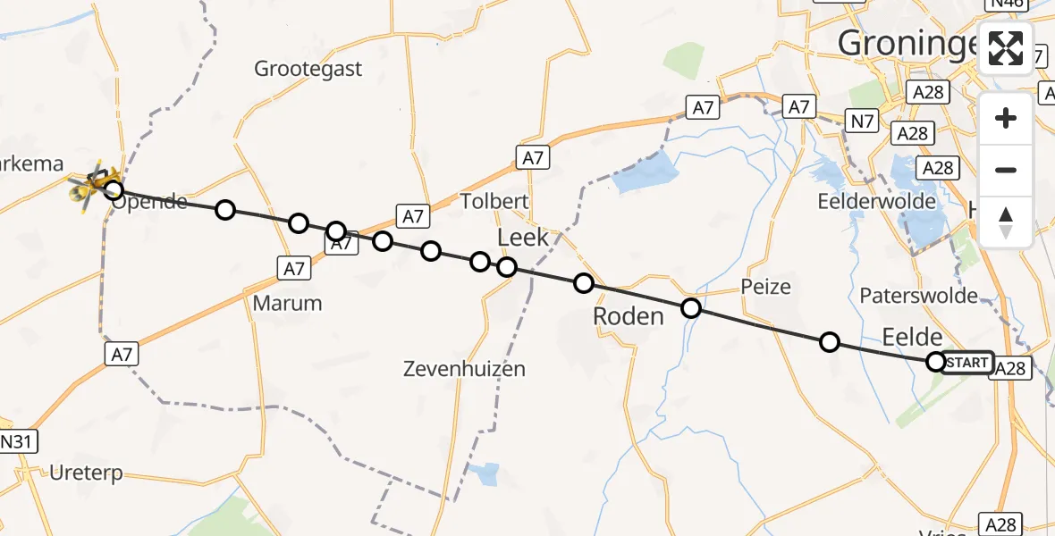 Vluchtroute Traumahelikopter Groningen Airport Eelde - Surhuisterveen, 24 oktober 2026, 08:29