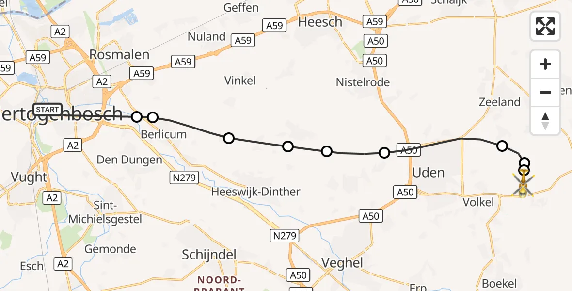 Vluchtroute Traumahelikopter 's-Hertogenbosch - Vliegbasis Volkel, 24 oktober 2026, 11:29