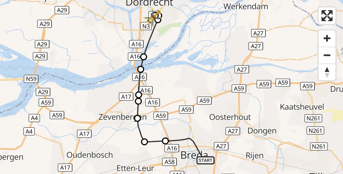 Vluchtroute Traumahelikopter Breda - Albert Schweitzer Hospital Dordrecht Heliport, 24 oktober 2026, 11:37