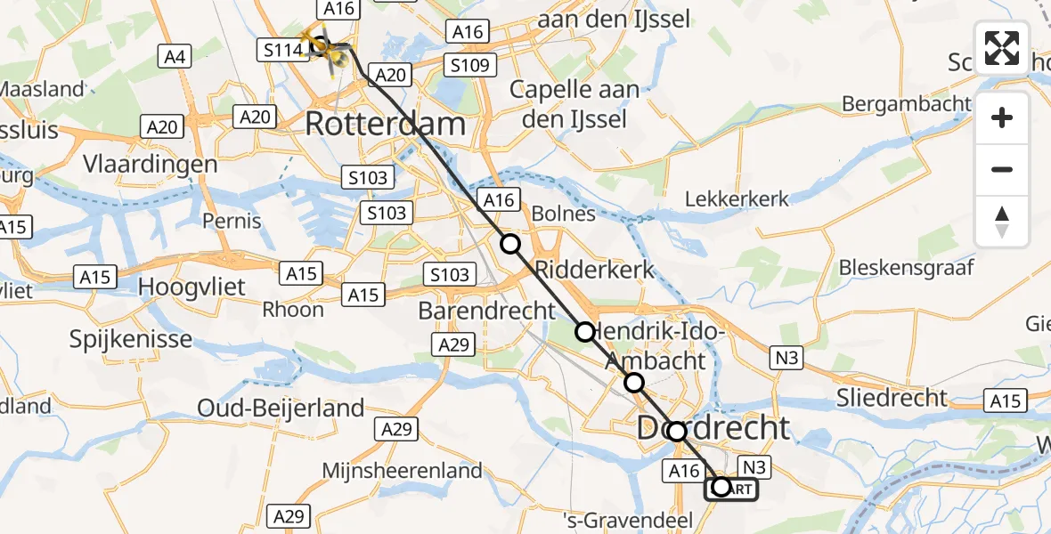 Vluchtroute Traumahelikopter Albert Schweitzer Hospital Dordrecht Heliport - Rotterdam The Hague Airport, 24 oktober 2026, 12:04