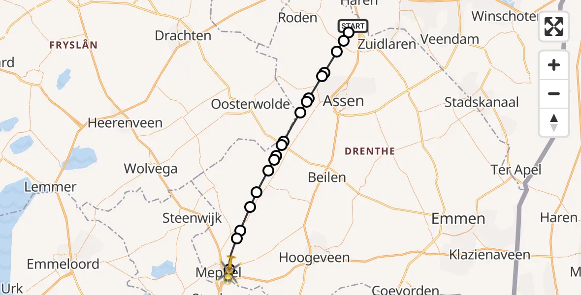 Vluchtroute Traumahelikopter Groningen Airport Eelde - Meppel, 25 oktober 2026, 05:47