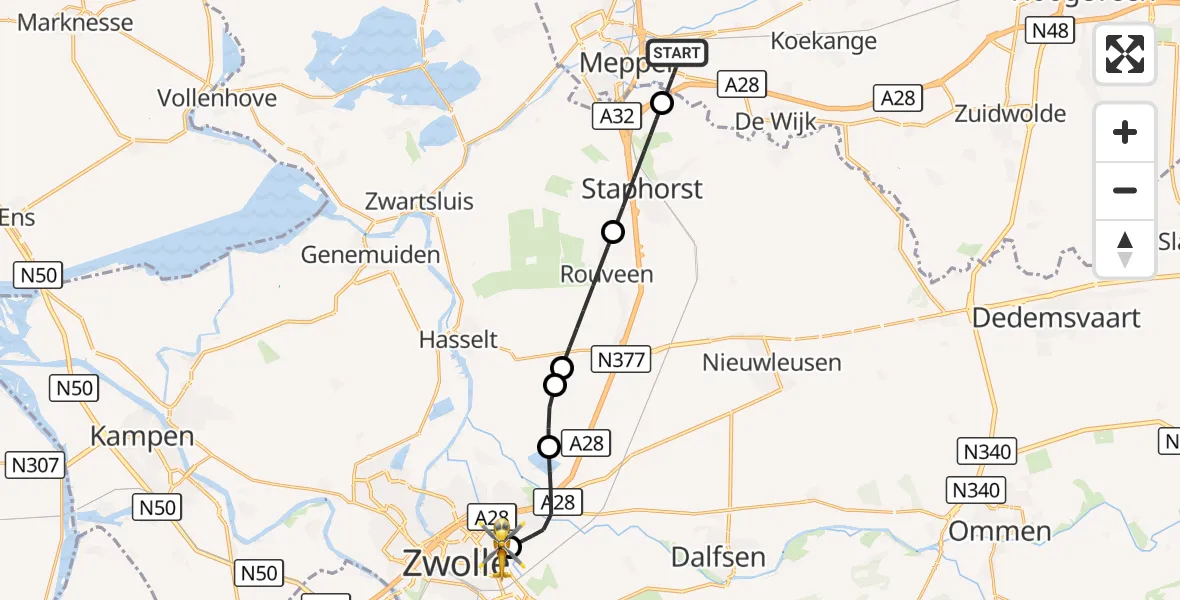 Vluchtroute Traumahelikopter Meppel - Isala Hospital Zwolle Heliport, 25 oktober 2026, 06:35