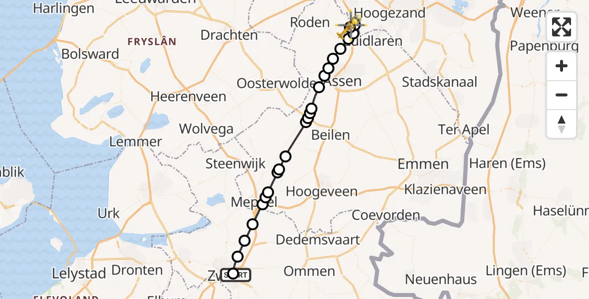 Vluchtroute Traumahelikopter Isala Hospital Zwolle Heliport - Groningen Airport Eelde, 25 oktober 2026, 07:05