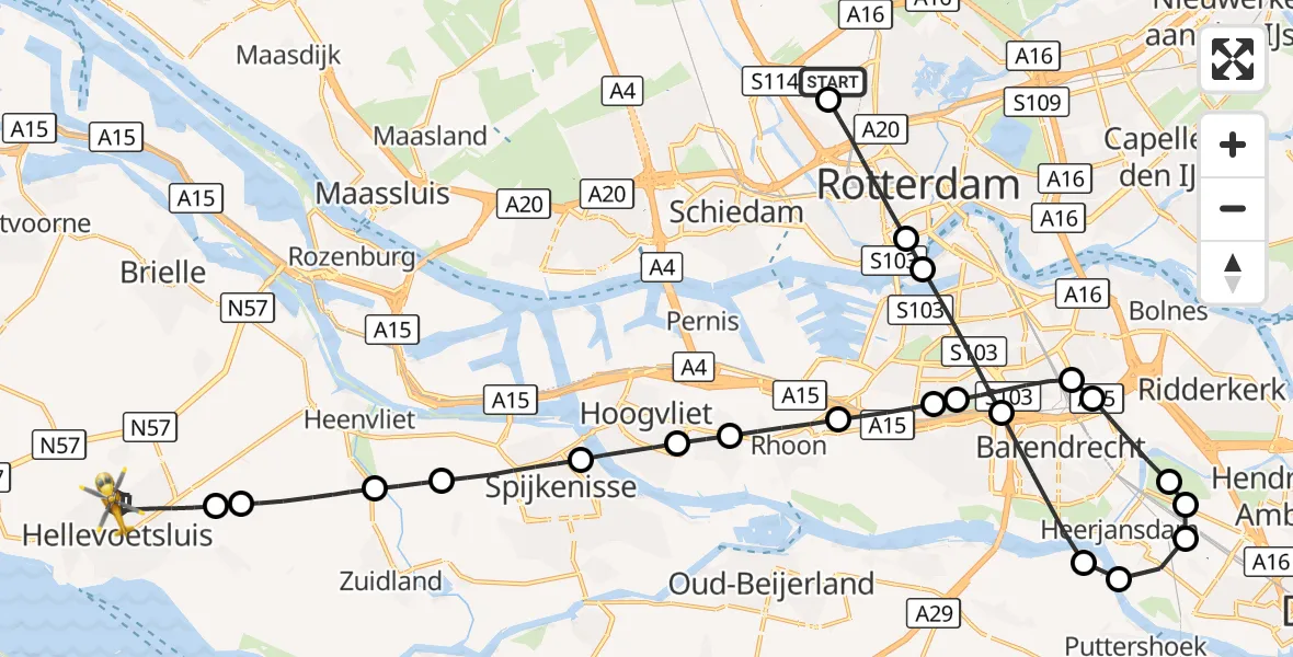 Vluchtroute Traumahelikopter Rotterdam The Hague Airport - Hellevoetsluis, 25 oktober 2026, 07:52