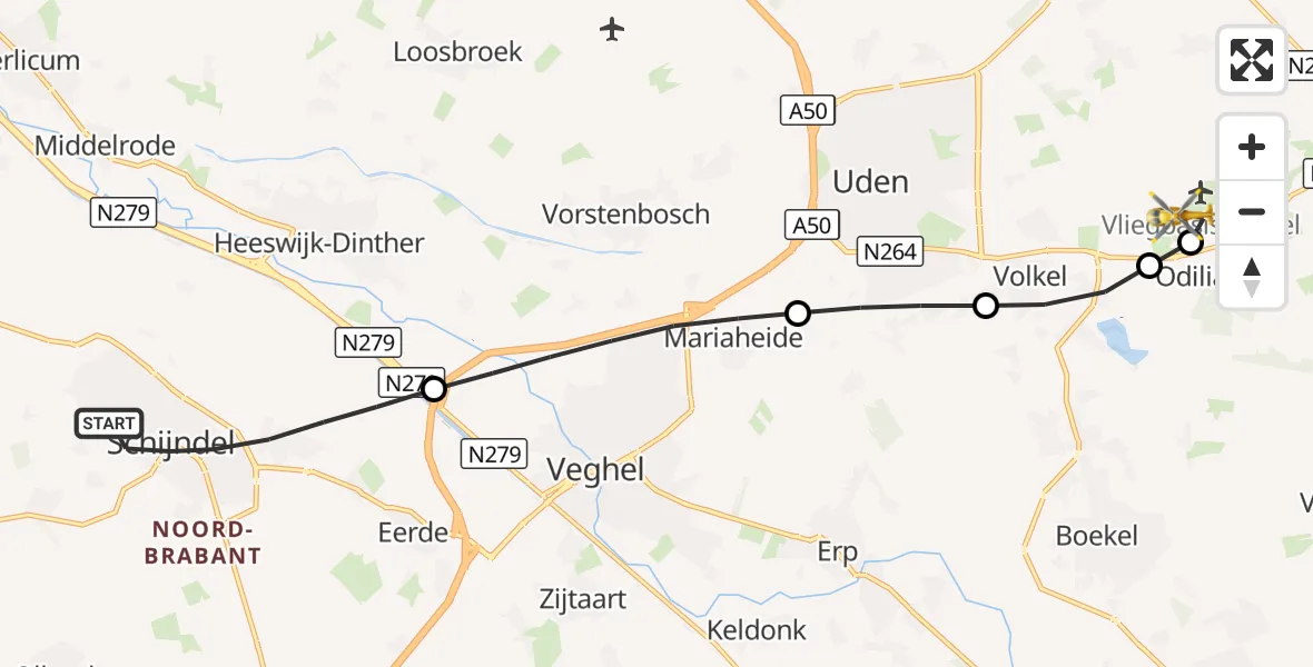 Vluchtroute Traumahelikopter Schijndel - Vliegbasis Volkel, 25 oktober 2026, 08:20