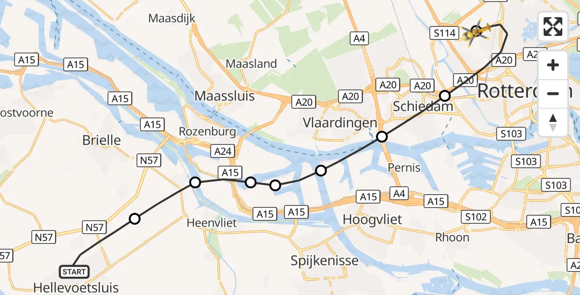 Vluchtroute Traumahelikopter Hellevoetsluis - Rotterdam The Hague Airport, 25 oktober 2026, 08:23