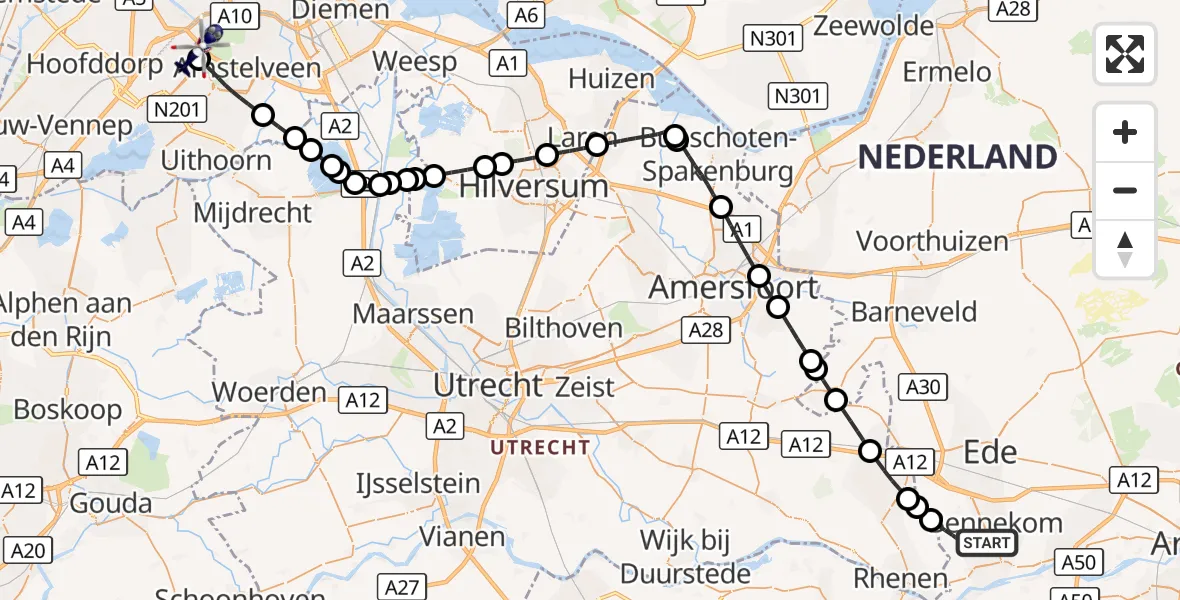 Vluchtroute Politiehelikopter Wageningen - Amsterdam Vliegveld Schiphol, 25 oktober 2026, 08:31