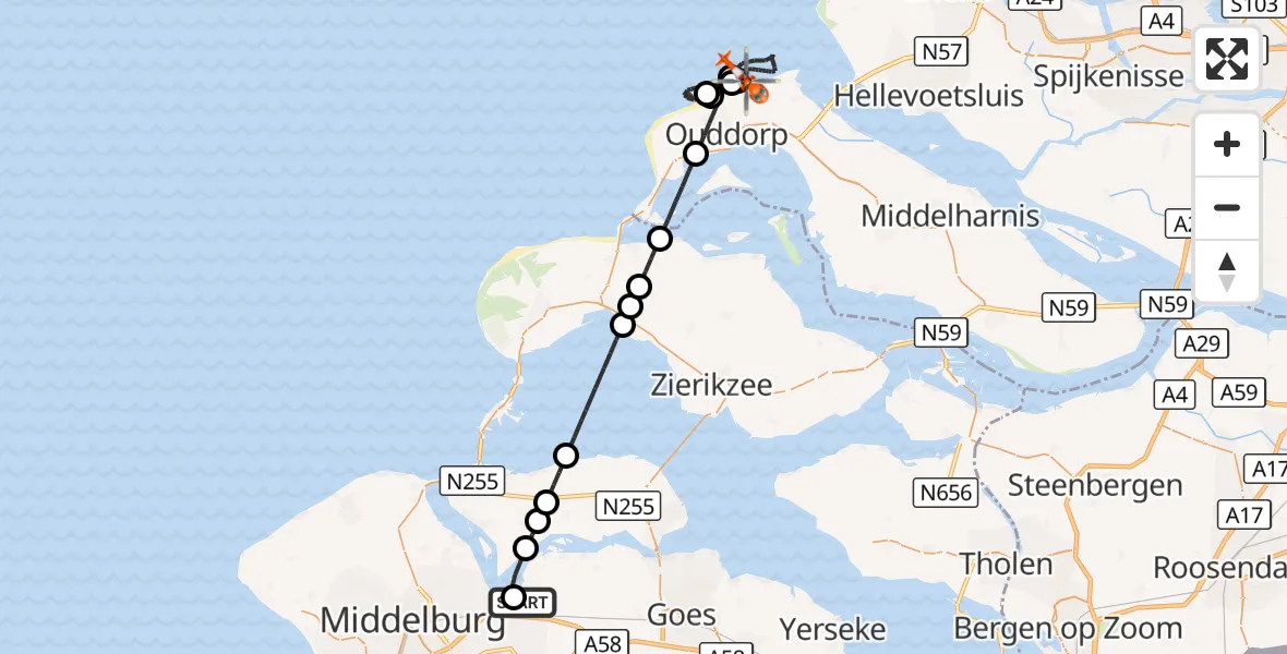 Vluchtroute Kustwachthelikopter Vliegveld Midden-Zeeland - Noordzee, 25 oktober 2026, 08:39