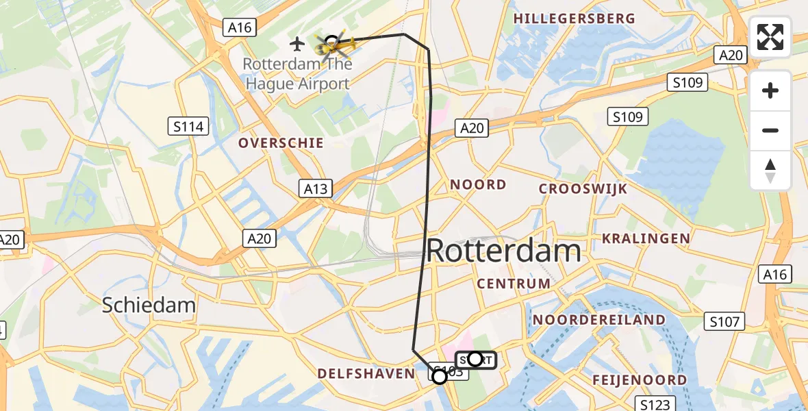 Vluchtroute Traumahelikopter Erasmus MC - Rotterdam The Hague Airport, 25 oktober 2026, 12:17