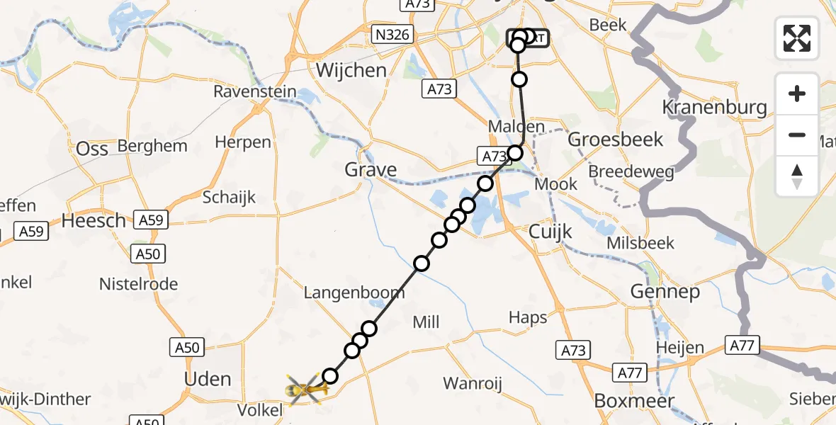 Vluchtroute Traumahelikopter Radboud Universitair Medisch Centrum - Vliegbasis Volkel, 25 oktober 2026, 12:47