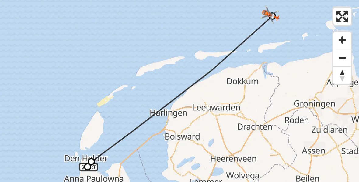 Vluchtroute Kustwachthelikopter Militair vliegveld De Kooy / Den Helder Airport - Noordzee, 25 oktober 2026, 13:04