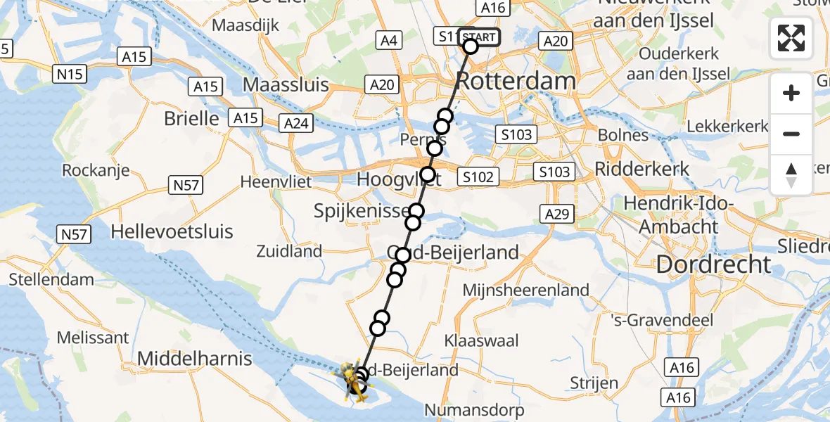 Vluchtroute Traumahelikopter Rotterdam The Hague Airport - Zuid-Beijerland, 25 oktober 2026, 15:30