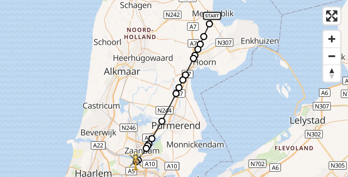 Vluchtroute Traumahelikopter Medemblik - Amsterdam Heliport, 25 oktober 2026, 15:42