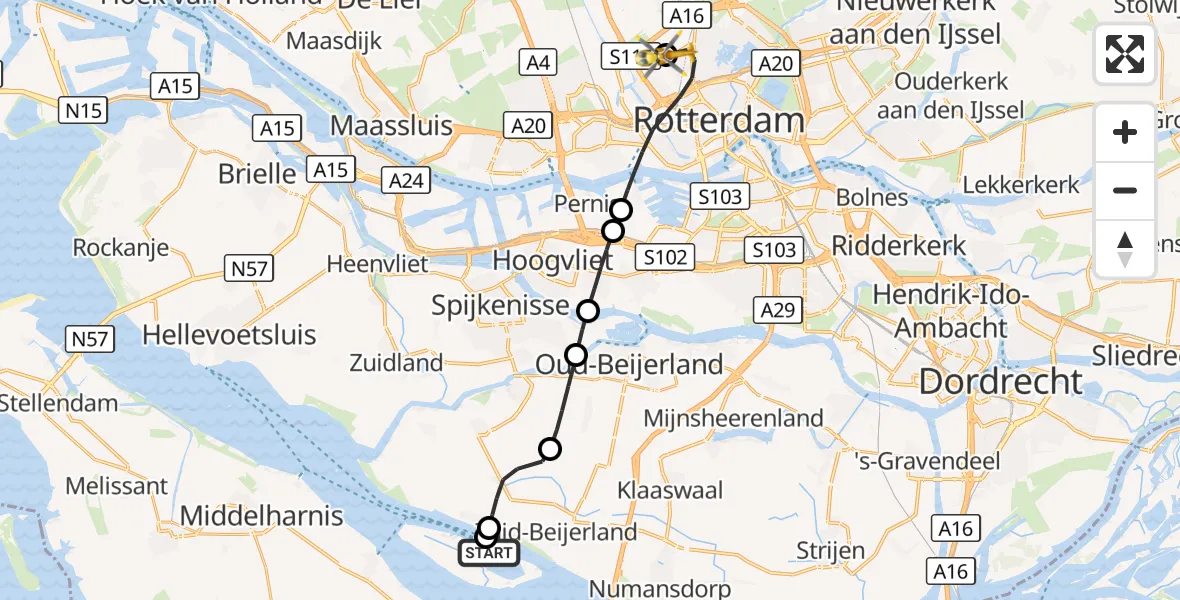 Vluchtroute Traumahelikopter Zuid-Beijerland - Rotterdam The Hague Airport, 25 oktober 2026, 16:07