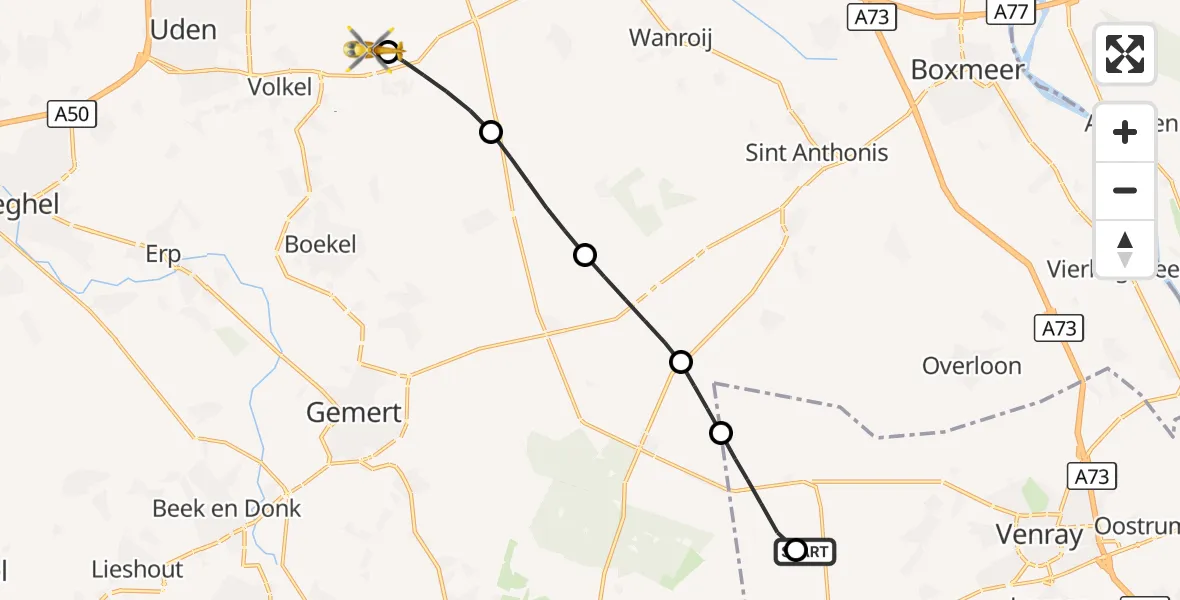 Vluchtroute Traumahelikopter Ysselsteyn - Vliegbasis Volkel, 25 oktober 2026, 16:12