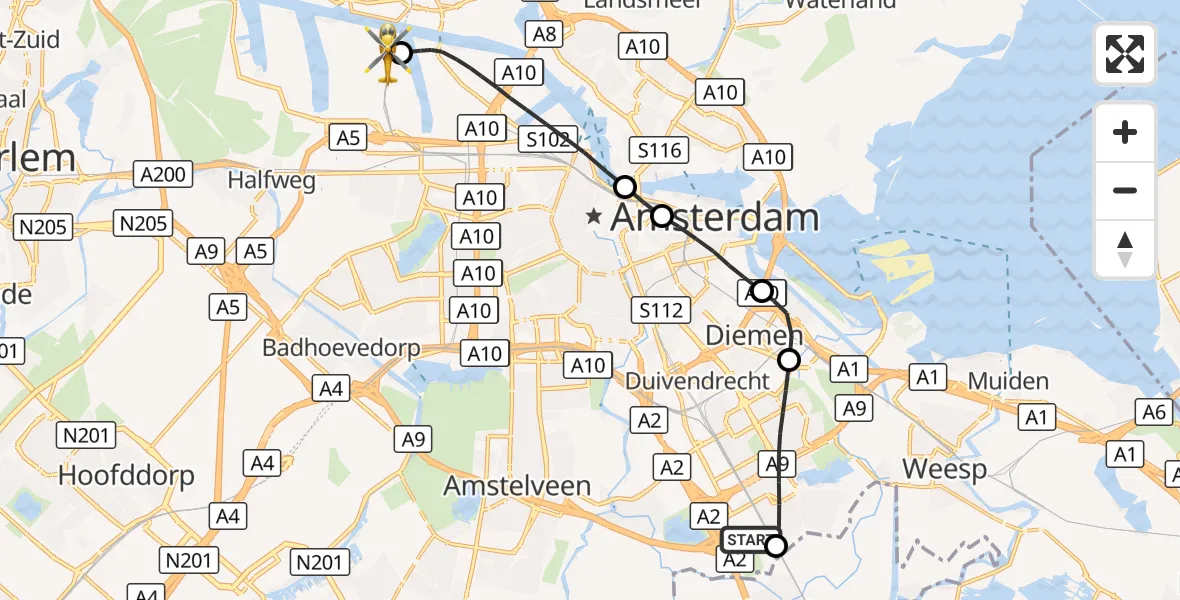 Vluchtroute Traumahelikopter Amsterdam UMC Helipad - Amsterdam Heliport, 25 oktober 2026, 22:10