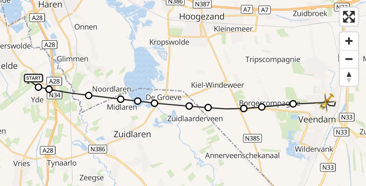 Vluchtroute Traumahelikopter Groningen Airport Eelde - Veendam, 26 oktober 2026, 07:38