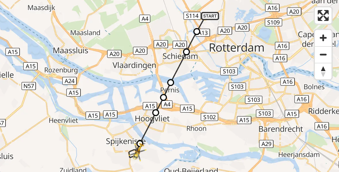 Vluchtroute Traumahelikopter Rotterdam The Hague Airport - Spijkenisse, 26 oktober 2026, 08:14