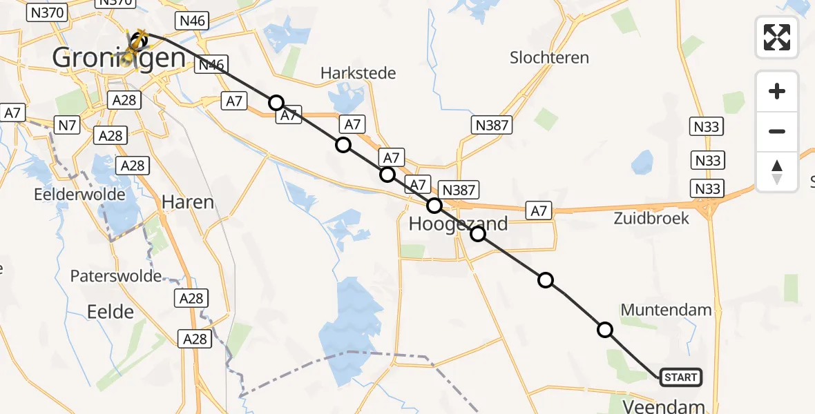 Vluchtroute Traumahelikopter Veendam - Universitair Medisch Centrum Groningen, 26 oktober 2026, 08:39