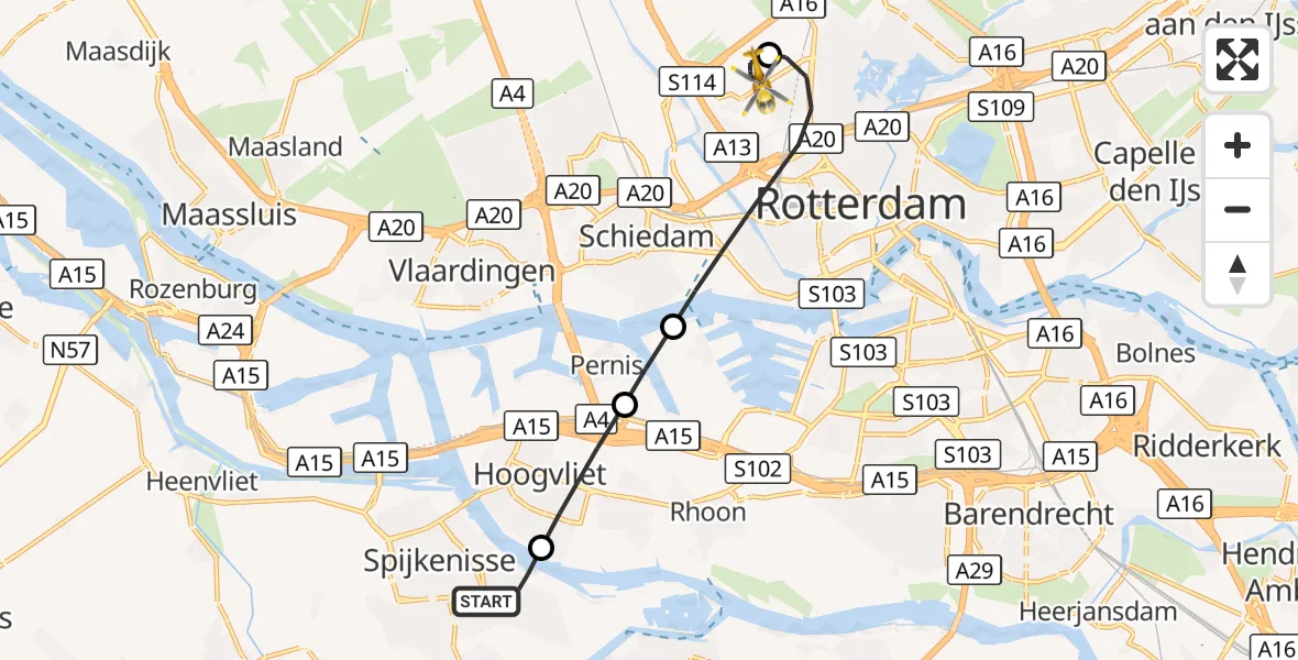 Vluchtroute Traumahelikopter Spijkenisse - Rotterdam The Hague Airport, 26 oktober 2026, 09:02