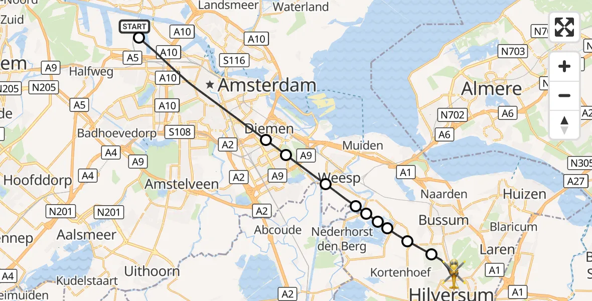 Vluchtroute Traumahelikopter Amsterdam Heliport - Hilversum, 26 oktober 2026, 09:22