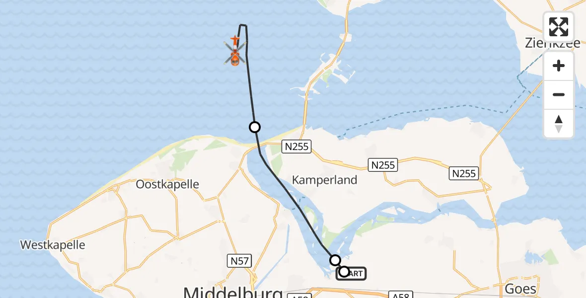 Vluchtroute Kustwachthelikopter Vliegveld Midden-Zeeland - Noordzee, 26 oktober 2026, 14:10