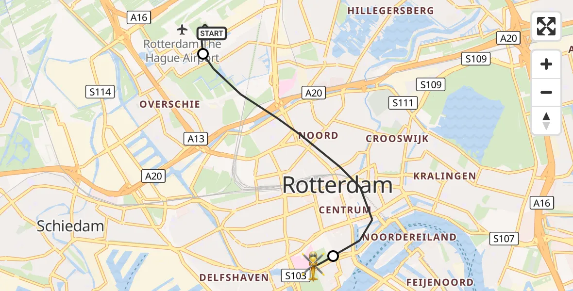 Vluchtroute Traumahelikopter Rotterdam The Hague Airport - Erasmus MC, 26 oktober 2026, 15:02