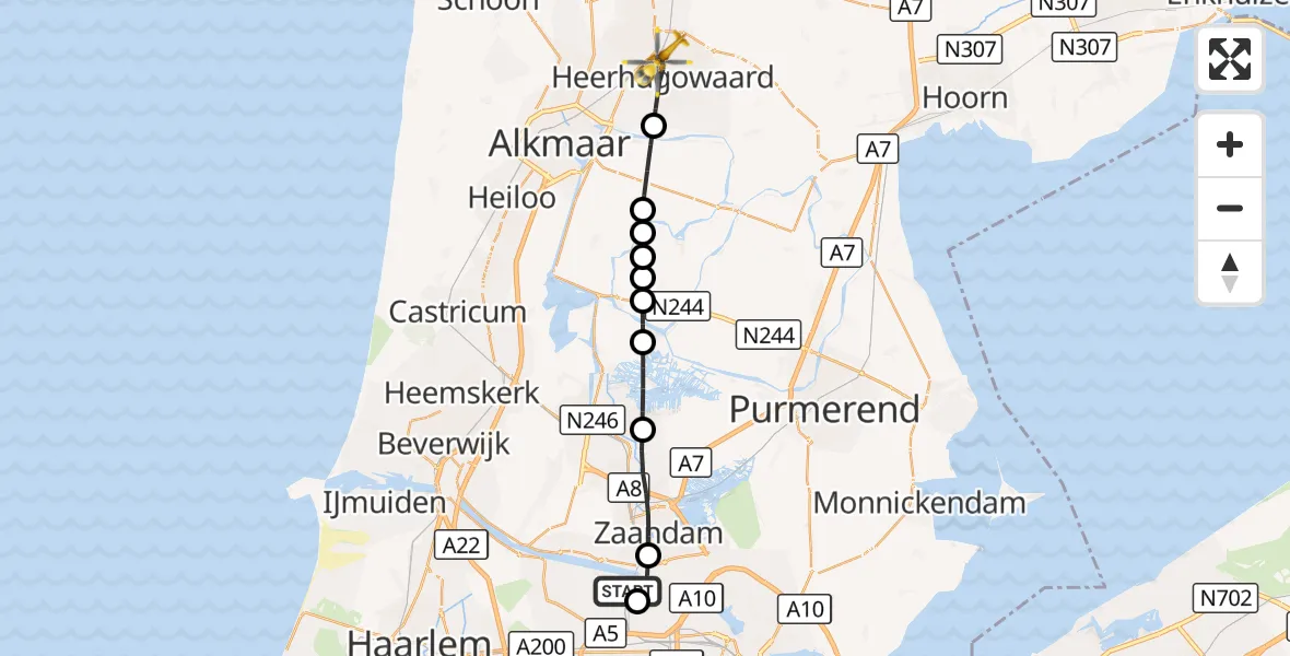 Vluchtroute Traumahelikopter Amsterdam Heliport - Heerhugowaard, 26 oktober 2026, 15:24
